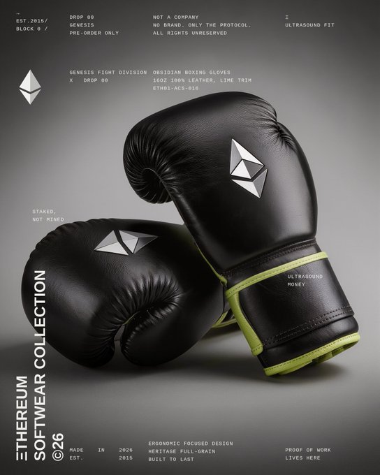 A product advertisement for the Genesis Fight Division x Drop 00 Obsidian Boxing Gloves, featuring black leather gloves with lime trim and a geometric logo, labeled as part of the ETHEREUM SOFTWARE COLLECTION 26 with text including 'NOT A COMPANY', 'NO BRAND. ONLY THE PROTOCOL', and '100% LEATHER, LIME TRIM'.