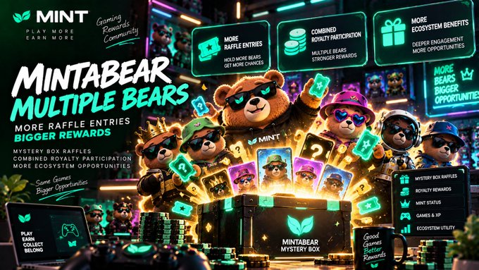 A promotional graphic for 'MINT' featuring cartoon bears in various outfits and sunglasses, with text highlighting 'Mintabear Multiple Bears,' 'More Raffle Entries,' and 'Bigger Rewards.'