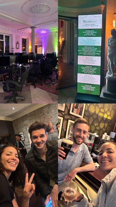 A four-panel collage shows a co-working/event venue with colorful uplighting, a banner for 'CastIron50' event in London (December 2025), and selfies of attendees at the social gathering.