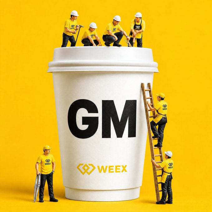 Surreal 3D illustration of miniature construction workers in yellow shirts building on a giant coffee cup labeled 'GM' and 'WEEY' on a bright yellow background.
