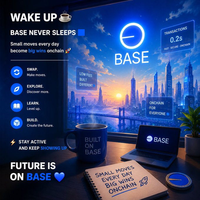 The image features an advertisement for Base, which promotes consistency as the key to success. It shows a laptop computer with a notebook next to it, suggesting that someone might be working or studying using these tools. The background of the image displays a city skyline at sunset, creating a serene and inspiring atmosphere. The text in the image emphasizes the importance of staying consistent on Base, encouraging people to focus on small actions that can lead to big opportunities in the future.