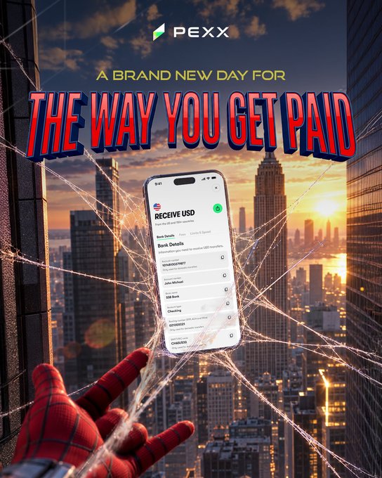 A PEXX advertisement featuring Spider-Man holding a smartphone showing a 'Receive USD' interface, with the headline 'A BRAND NEW DAY FOR THE WAY YOU GET PAID' against a city sunset backdrop.
