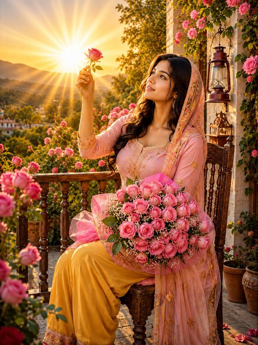 A woman in traditional pink and yellow attire sits on a wooden chair, holding a rose up to the sunlight with a bouquet of pink roses on her lap, surrounded by flowers and a lantern.
