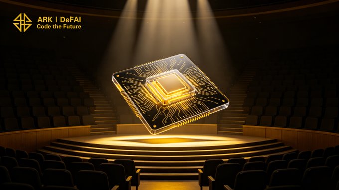 The image depicts a glowing golden microchip hovering on a spotlight-illuminated stage in an empty theater, symbolizing the unveiling of the Arkie AI App as a flagship innovation for the ARK ecosystem. The text "ARK | DeFAI – Code the Future" appears in the top-left corner, reinforcing the post's message that the Arkie AI App is a defining moment for ARK, showcasing a practical AI layer built to empower users in content creation, task organization, and confident Web3 participation.