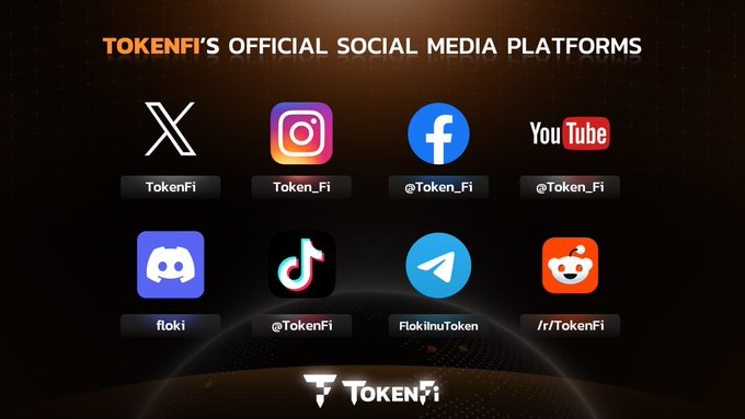 This image serves as a visual directory of TokenFi's official social media platforms, displaying logos for X (TokenFi), Instagram (Token_Fi), Facebook (@Token_Fi), YouTube (@Token_Fi), Discord (floki), TikTok (@TokenFi), Telegram (FlokilnuToken), and Reddit (r/TokenFi), reinforcing the post's reminder to verify information through authentic TokenFi channels for updates on $TOKEN.