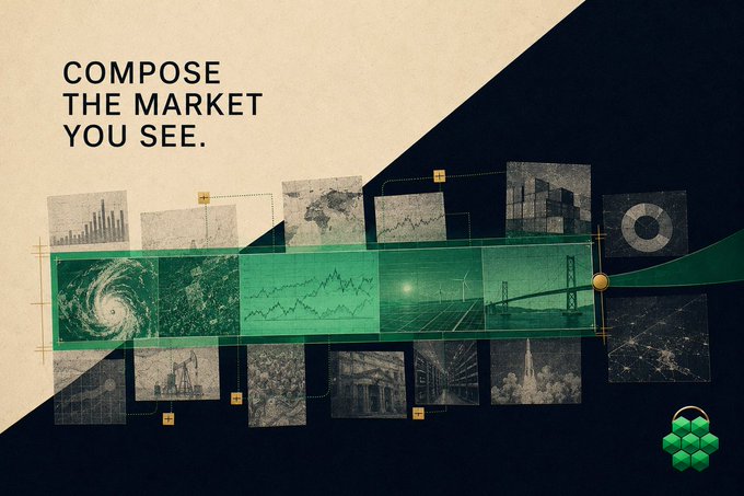 A graphic design reading 'COMPOSE THE MARKET YOU SEE.' featuring a collage of data charts, world maps, and infrastructure images on a dark background.
