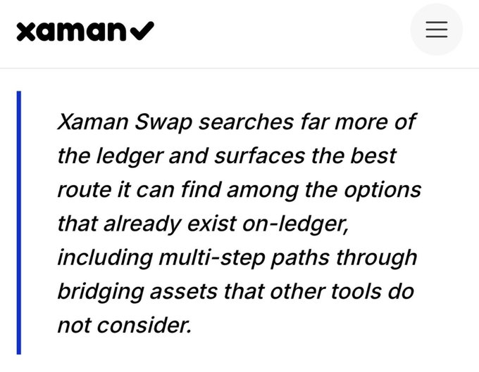 A Xaman-branded graphic featuring a pull quote stating, "Xaman Swap searches far more of the ledger and surfaces the best route it can find among the options that already exist on-ledger, including multi-step paths through bridging assets that other tools do not consider," illustrating the post's announcement about Xaman's new smart routing feature for the XRPL DEX.