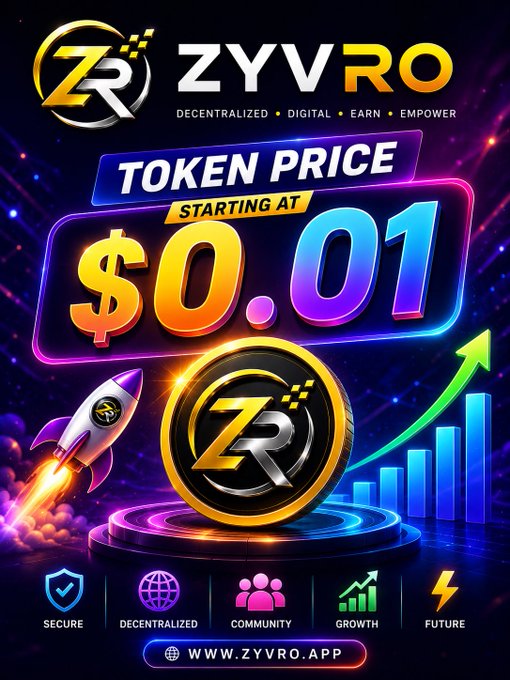 A flashy promotional advertisement for 'ZYVRO' cryptocurrency token, advertising a starting price of $0.01 with claims of being secure, decentralized, and featuring a rocket and growth chart imagery.