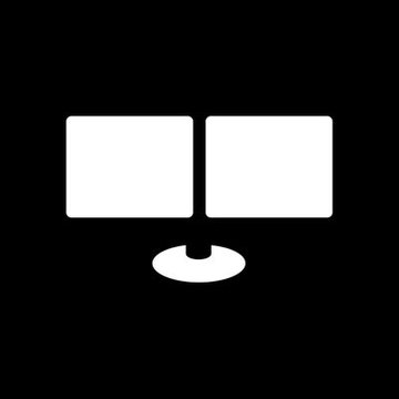 A simple white icon depicting two square panels on a stand on a black background, resembling a solar panel or display.