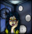 A small digital illustration of a girl crying with tears streaming down her face, standing in a dimly lit blue room filled with floating clock faces.