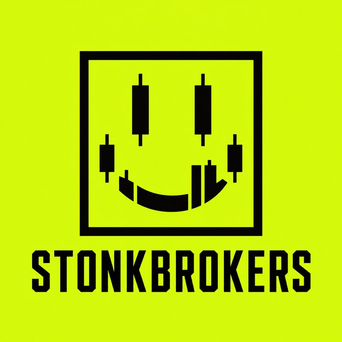 A neon yellow-green background featuring a black logo for 'STONKBROKERS,' with a stylized smiley face created from candlestick chart patterns inside a square frame.