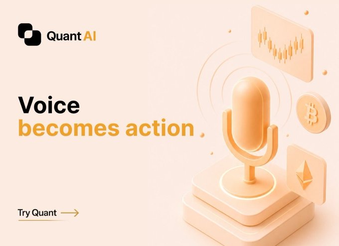 A Quant AI promotional graphic featuring the tagline "Voice becomes action" alongside a 3D orange microphone emitting sound waves, with floating panels displaying a price chart, a Bitcoin logo, and an Ethereum logo—visually reinforcing the post's message about voice-powered crypto research that eliminates the friction of switching between multiple data sources.
