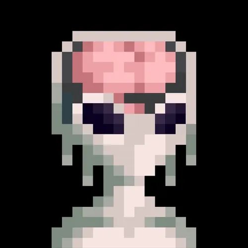 A pixel art illustration features a stylized, robotic-looking character with a pink brain exposed inside an open metal helmet, set against a black background.
