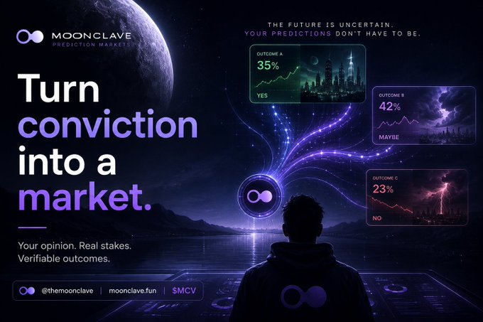 Promotional graphic for 'Moonclave Prediction Markets' with the tagline 'Turn conviction into a market,' showing three outcome predictions (A: 35% Yes, B: 42% Maybe, C: 23% No) and handles @themoonclave, moonclave.fun, $MCV.