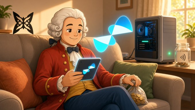 A digital illustration of an 18th-century-styled character with a powdered wig and red coat sitting on a couch, using a smartphone with butterfly and atomic logos floating nearby, holding a bag of coins.