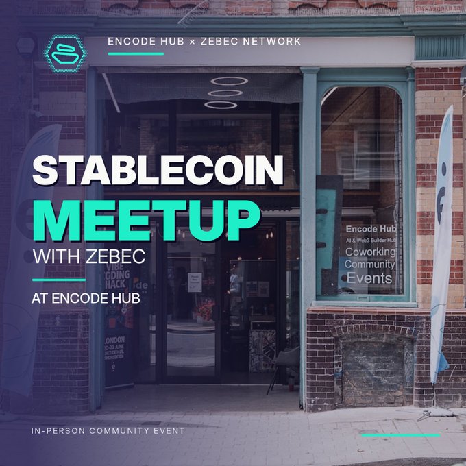 A promotional flyer for a "STABLECOIN MEETUP WITH ZEBEC AT ENCODE HUB" overlays an image of a brick building's storefront advertising "Coworking Community Events."