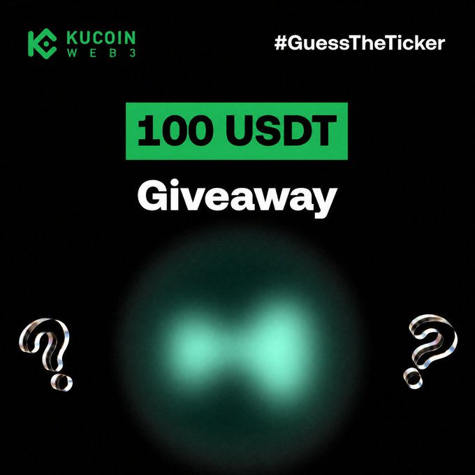 A KuCoin Web3 promotional graphic for a "#GuessTheTicker" giveaway of 100 USDT, featuring a blurred ticker in the center surrounded by question marks on a dark background, encouraging users to guess a crypto ticker that just hit an all-time high.