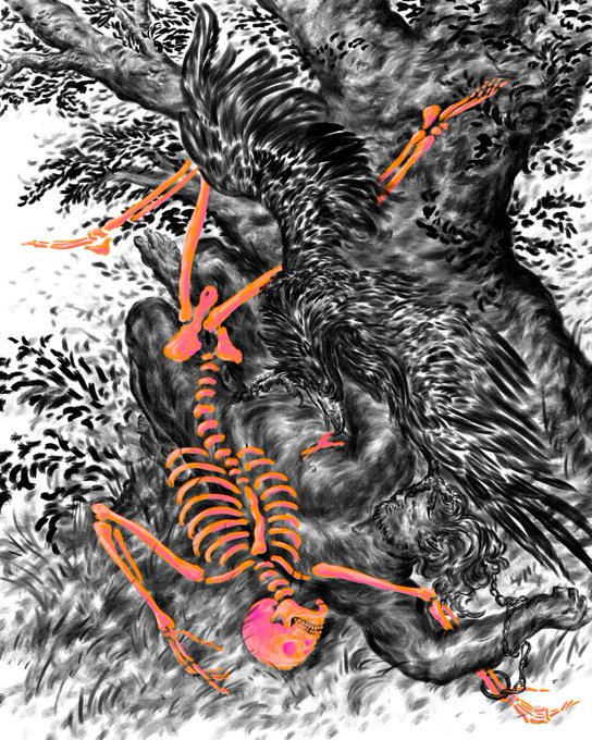 A black and white ink illustration features a skeletal creature and a large bird, with the bones highlighted in a glowing pink and orange gradient, alongside a sleeping figure.