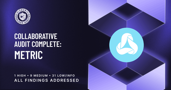 A blue and purple graphic displays 'COLLABORATIVE AUDIT COMPLETE: METRIC' with the Sherlock 2026 Audits badge and '1 HIGH • 9 MEDIUM • 31 LOW/INFO ALL FINDINGS ADDRESSED' text.