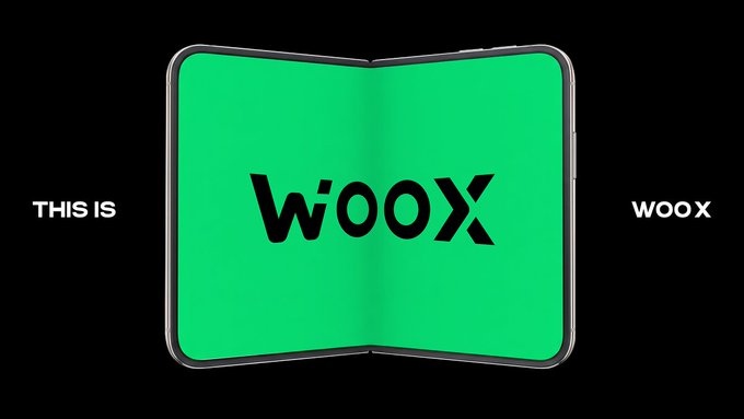 A foldable smartphone is displayed open against a black background, featuring a bright green screen with the black "WOOX" logo centered on it. The text "THIS IS" appears on the left and "WOOX" on the right, visually reinforcing the post's "Fold the spread" message by showcasing WOOX Pro's foldable design.