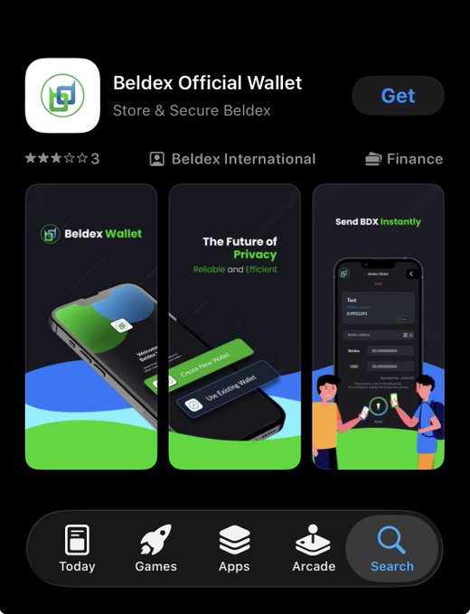 The App Store listing for 'Beldex Official Wallet' by Beldex International, rated 3 stars in the Finance category, showing screenshots of wallet creation and BDX transactions.