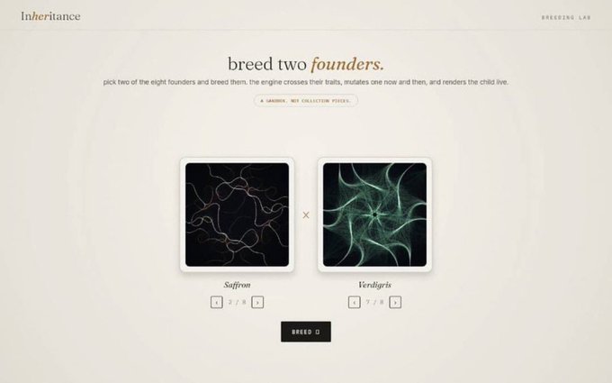 A promotional screenshot of the Inheritance Breeding Lab interface showing two founders—Saffron (2/8) and Verdigris (2/8)—selected for breeding, tied to a 5-spot giveaway for the @0xInheritance NFT collection on Ethereum.