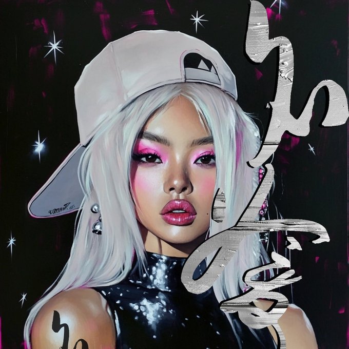 A stylized digital painting of a woman with long white hair, wearing a white baseball cap and a black sparkly top, with silver graffiti-style text reading 'trust' vertically on the right side against a dark, starry background.