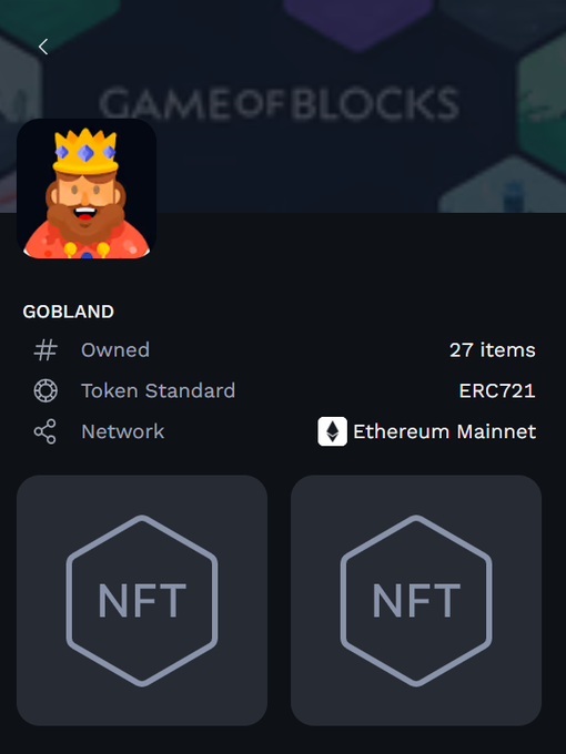 An NFT marketplace interface showing the 'GOBLAND' collection with 27 owned items using ERC721 token standard on the Ethereum Mainnet, featuring 'Game of Blocks' branding and an avatar of a crowned king.