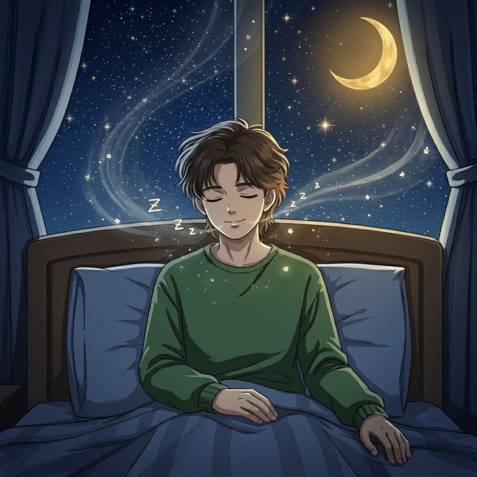 An anime-style illustration of a young man with brown hair peacefully sleeping in a green sweater, with a starry night sky and crescent moon visible through a window behind him, and 'Z' sleep symbols floating around.