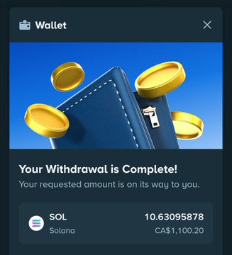 A "Wallet" notification confirms a withdrawal of 10.63095878 SOL (CA$1,100.20) is complete, illustrating the cashout of crypto profits highlighted in the celebratory post about a successful betting run.
