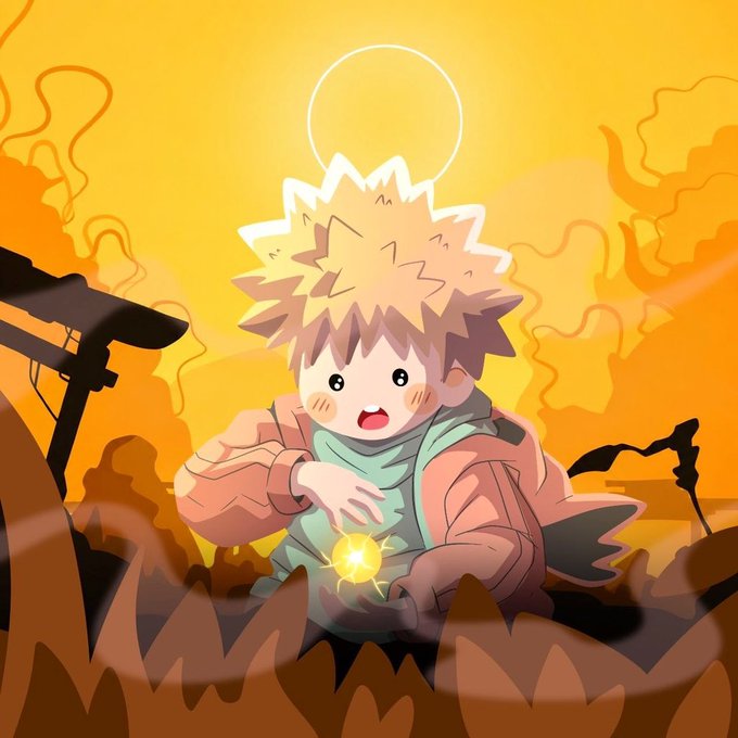 A chibi-style anime character with spiky blond hair, wide eyes, and a glowing halo above his head is crouched among flames, holding a bright glowing orb. The fiery, apocalyptic scene ties into the post's announcement of a collaboration and upcoming raffle with @boymeetsh00d, giving the promotional reveal a dramatic, hype-worthy visual flair.