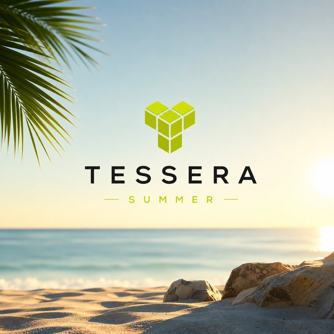 A beach scene at sunset with palm fronds and rocks framing a logo that reads 'TESSERA' above 'SUMMER' in green text.