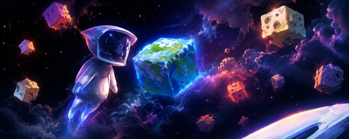 A digital illustration showing an astronaut floating in a colorful cosmic nebula next to a glowing cube of Earth, surrounded by dice-shaped asteroids and a large planet in the background.
