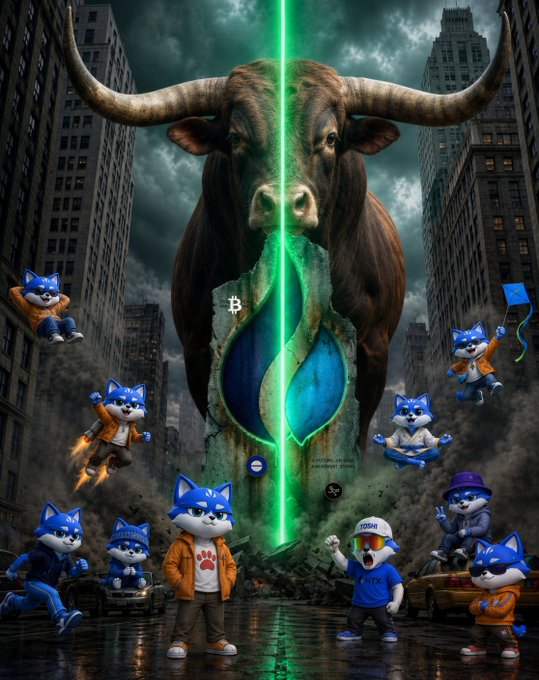 A dramatic digital illustration of a giant bull looming over a rainy city street, surrounded by cartoon blue cat characters, with a green glowing Sui/SUI logo in the center.