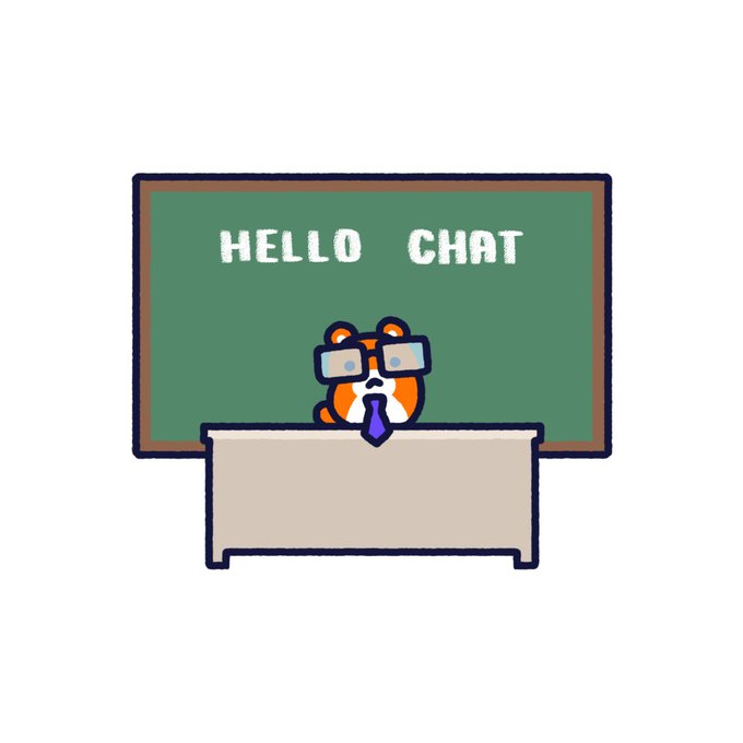 An illustration of a cartoon hamster or red panda wearing glasses and a tie, sitting at a desk in front of a chalkboard that reads "HELLO CHAT".