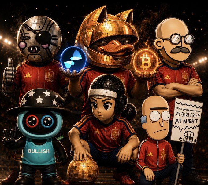 A vibrant digital artwork features a group of characters in red Spain national team jerseys, including figures in a cat helmet, a disco-ball helmet, and an astronaut helmet labeled 'BULLISH', holding up Bitcoin and Solana symbols, with one character holding a sign reading 'ETH is going lower than MY GIRLFRIED AT NIGHT'.