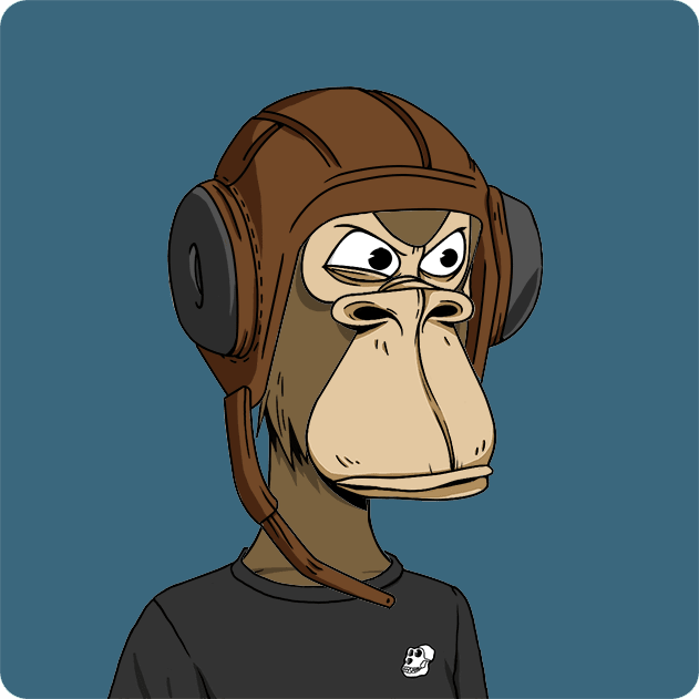 A cartoon illustration depicts a brown ape wearing a brown leather aviator's cap with ear flaps and goggles, along with a black t-shirt featuring a small skull logo. The image aligns with the post's description of Bored Ape #7324, visually capturing the "Return to Monke" aesthetic referenced in the accompanying caption.
