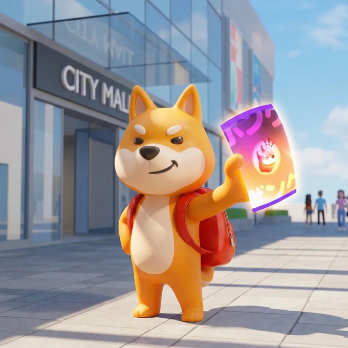 A cheerful cartoon Shiba Inu wearing a red backpack holds up a glowing purple ticket outside "CITY MALL," illustrating the caption's playful phrase with the dog proudly displaying its winning pass to the shopping event.