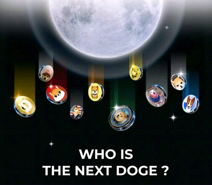 A promotional graphic showing various meme coins with dog and Shiba Inu faces floating down from a large moon, with the text 'WHO IS THE NEXT DOGE?'