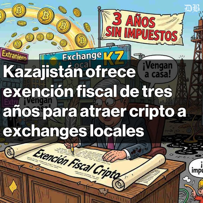 An illustrated news graphic about Kazakhstan offering a three-year tax exemption for crypto exchanges, showing a cartoon official signing an 'Exención Fiscal Crypto' document with Bitcoin coins and '¡Vengan a casa!' speech bubbles.