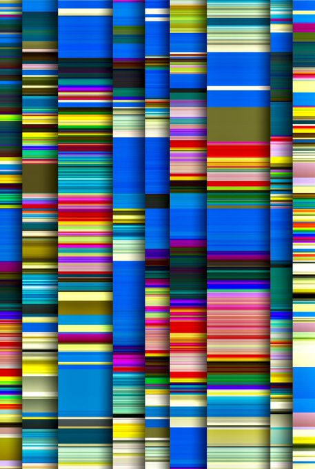 An abstract vertical striped pattern composed of multicolored horizontal bands in blue, red, green, yellow, and brown hues, resembling a glitched barcode or woven textile.