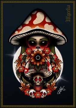 A dark, ornate illustration depicts a mystical female figure wearing a large red-and-white spotted mushroom cap and a floral headdress with a central gem, flanked by skulls and a wreath of strawberries and leaves, with the name "Mycelia" inscribed on the right side, matching the post's reference to the "Mycelia" character in the Left or Right? Autumn or Summer? artwork series.