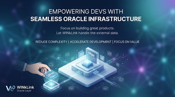 A promotional graphic for 'WINKLink Oracle Layer' with the tagline 'EMPOWERING DEVS WITH SEAMLESS ORACLE INFRASTRUCTURE' and 'Focus on building great products, Let WINKLink handle the external data.'
