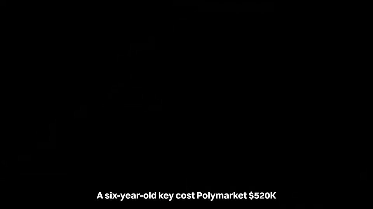 The image features a black square with white text that reads "A six-year-old key coat Polymarket $S20K". The text is positioned at the bottom of the frame, making it the main focus of the image.