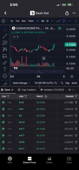 A smartphone screenshot showing the Cash Cat (CASHCAT/WETH) token chart on a trading app, displaying a price of $0.2380 with recent transactions and a holder count of 73,503.