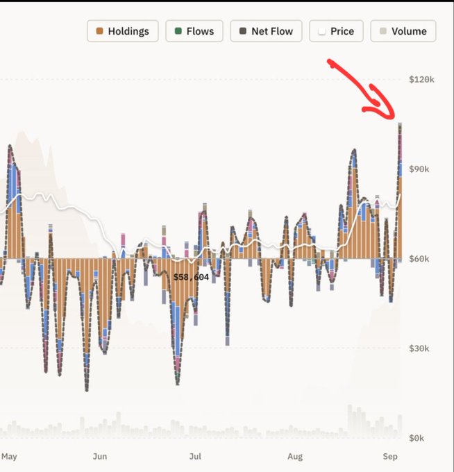 A financial bar chart tracking Holdings, Flows, Net Flow, Price, and Volume from May to September, with a prominent red arrow pointing toward a recent price peak near $120k against a backdrop of oscillating data bars.
