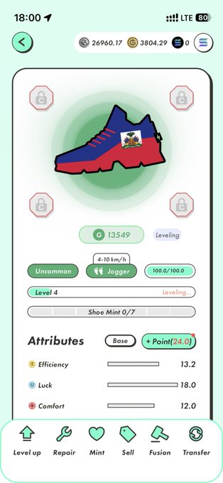 The image shows a phone screen with an app icon, which appears to be a shoe-related game or application. The main focus of the image is a pair of shoes that are colored red, blue, and green, as well as having a flag design on them. The background color of the image is white, providing contrast for the colorful shoes.