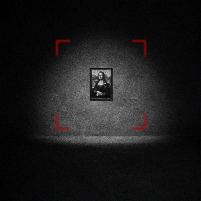 The Mona Lisa painting framed within red targeting brackets against a dark, spotlighted background, resembling a camera viewfinder or surveillance display.