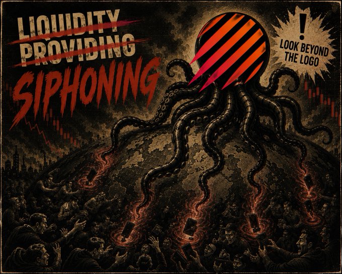 A dark, ominous illustration depicts a massive tentacled octopus-like creature with a red and black striped spherical head looming over a crowd of desperate people clutching glowing phones, with the text "LIQUIDITY PROVIDING SIPHONING" in the upper left and a speech bubble reading "LOOK BEYOND THE LOGO." The accompanying post from @MetturkTR appears to be a warning letter to @MeteoraAG, using the imagery to symbolize how Meteora's liquidity providing mechanism may be secretly extracting value from community members rather than serving their interests.