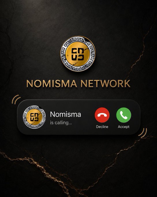 A graphic for 'NOMISMA NETWORK' with a gold coin logo, showing an incoming call notification from 'Nomisma' with Decline and Accept buttons.